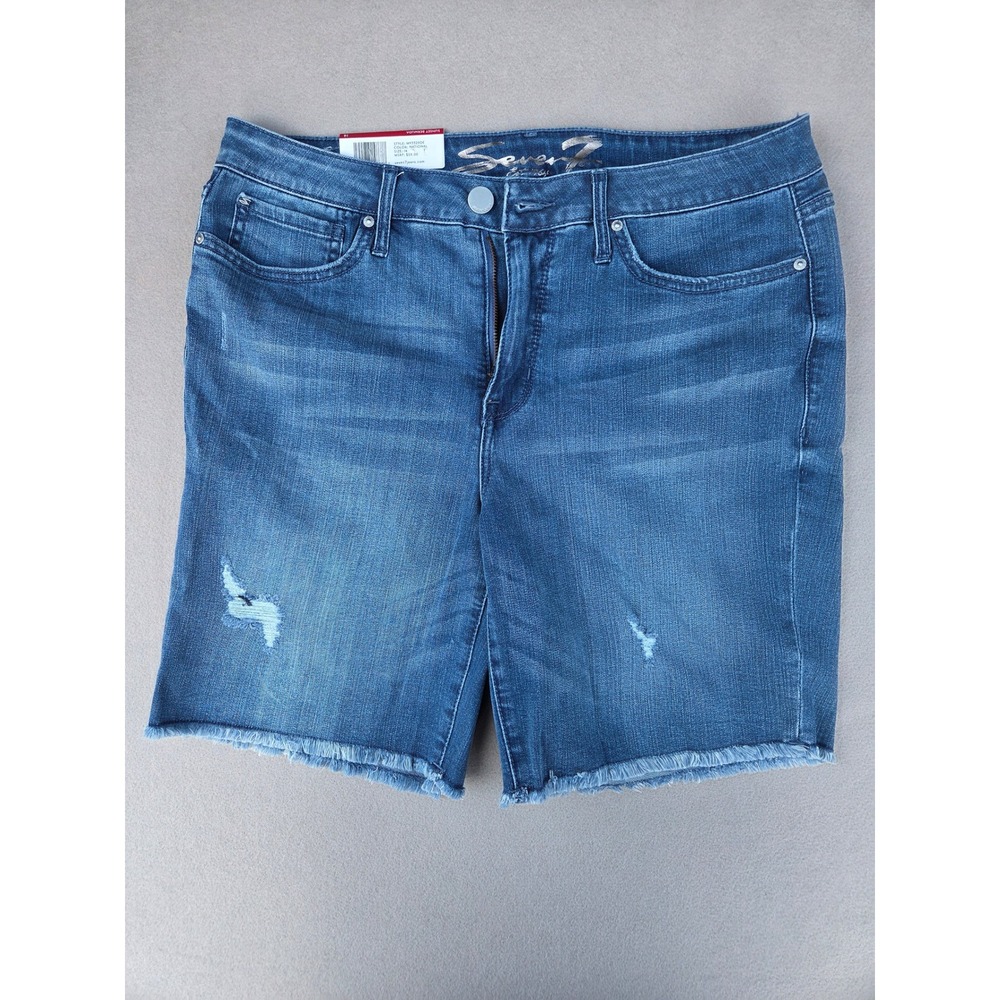 Seven7 Sunset Bermuda Denim Shorts National Blue Distressed Fray Hem MY3329DE 14